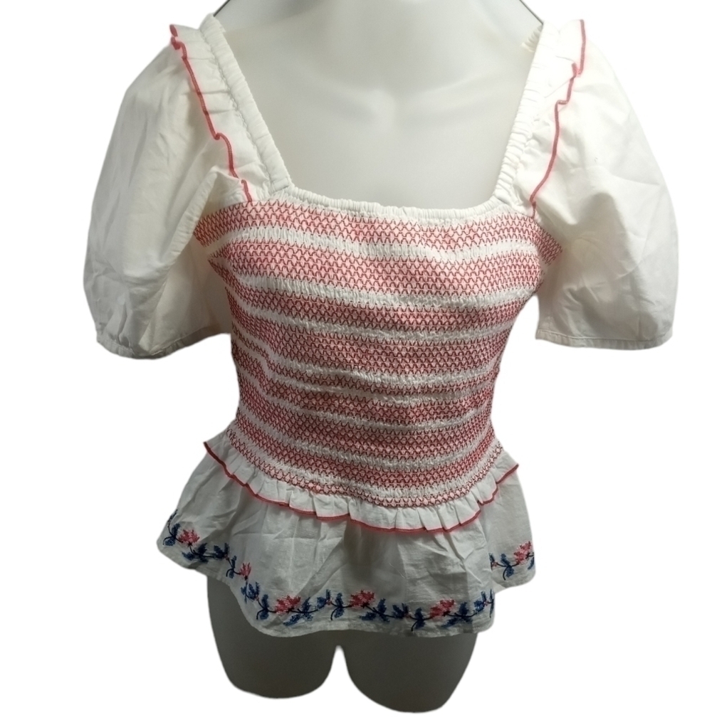 Draper James Smocked Peplum Top Puff Sleeve Embroidered Cottagecore XS - Picture 3 of 8